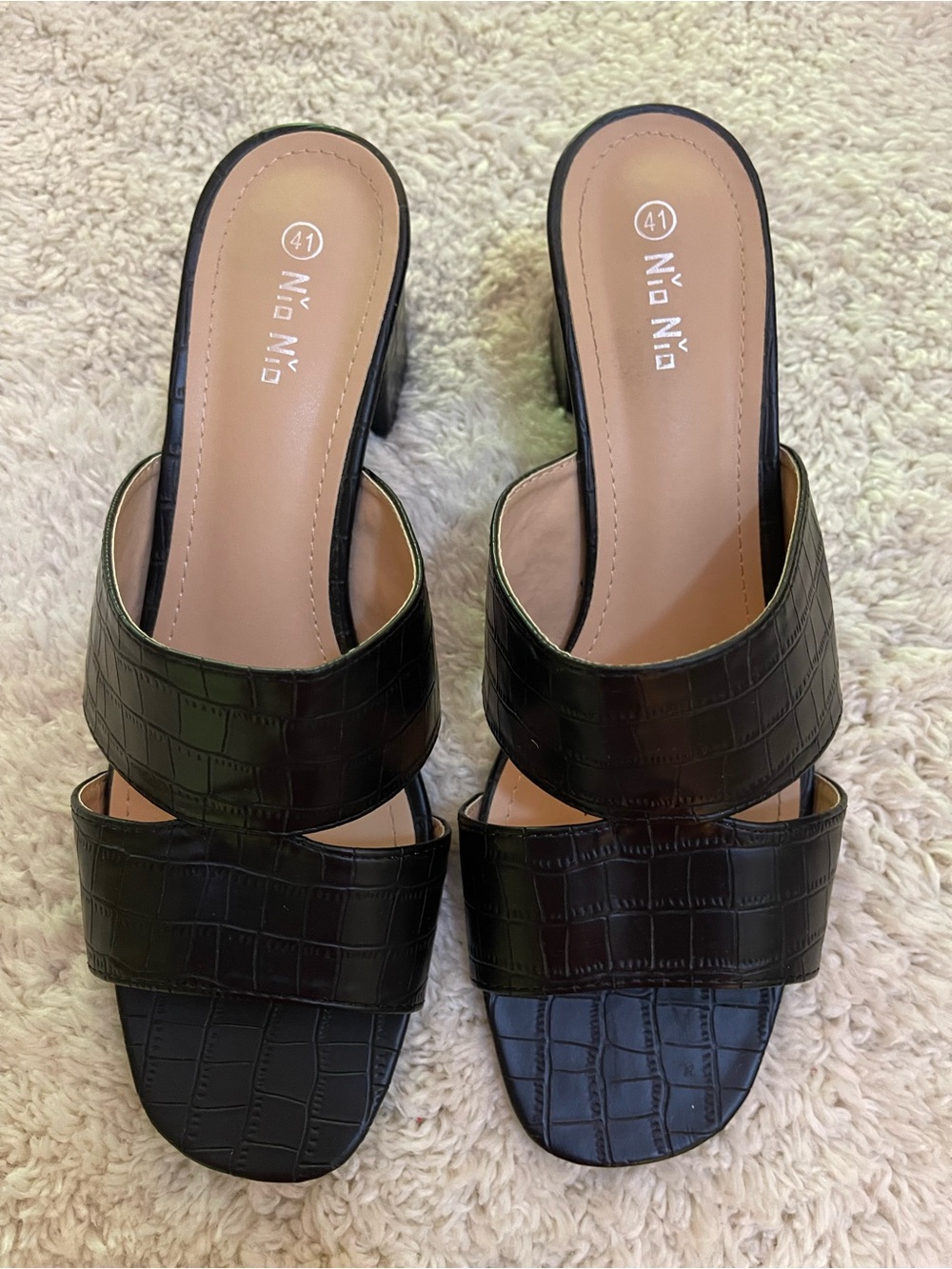 Black Croc-Embossed Double Band Slide Block Heels